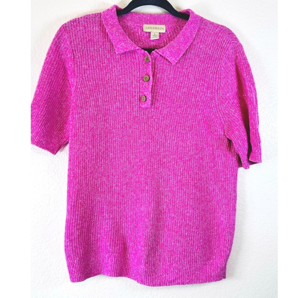 Appleseed's Magenta Dopamine Pink Linen Cotton Knit Polo Sweater Top SZ L